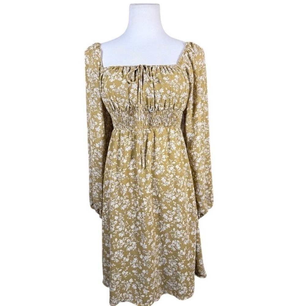 Jacquie the Label Mustard Yellow Floral Smocked Mini Dress Long Sleeve Small